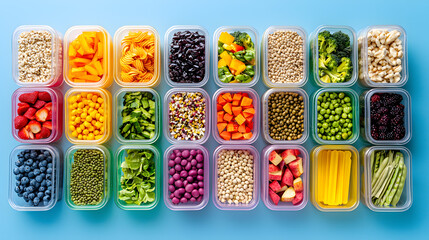 Rainbow of Healthy Foods: A vibrant and colorful array of healthy foods in individual containers, showcasing a diverse selection of fruits, vegetables, and grains.