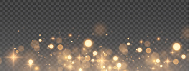 Golden Bokeh Lights - Soft Blurred Glow with Shimmering Particles and Floating Light Orbs for Elegant, Dreamy, and Festive Design Elements on a Transparent Background.