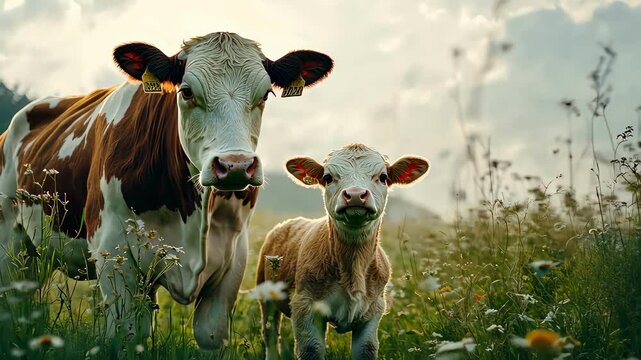 cow and calf on a green lawn or meadowм.