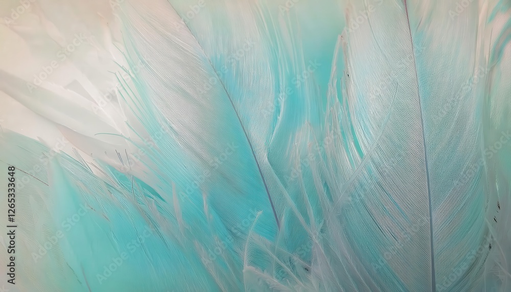 Poster soft mint colored bird feathers close-up, fine texture and delicate details for design or artistic p