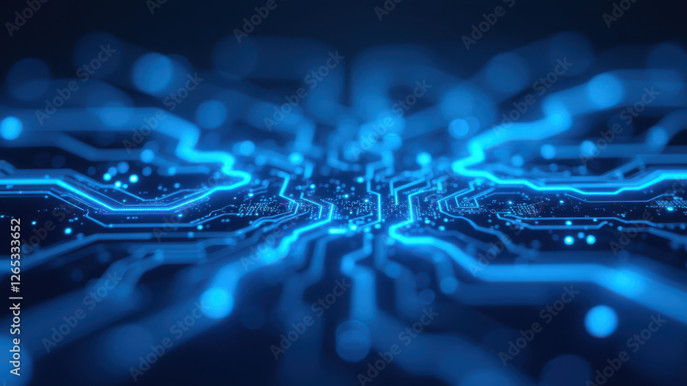 Poster a vibrant digital illustration of a complex network with blue lights representing ci/cd, docker, kub