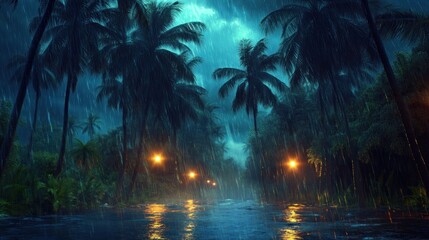 Tropical rain, night road, palm trees, storm