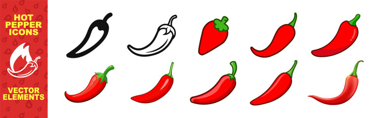 Red hot natural chili pepper icons set. Vector Asian and Mexican spicy food and sauce. Spicy chili pepper isolated on transparent background