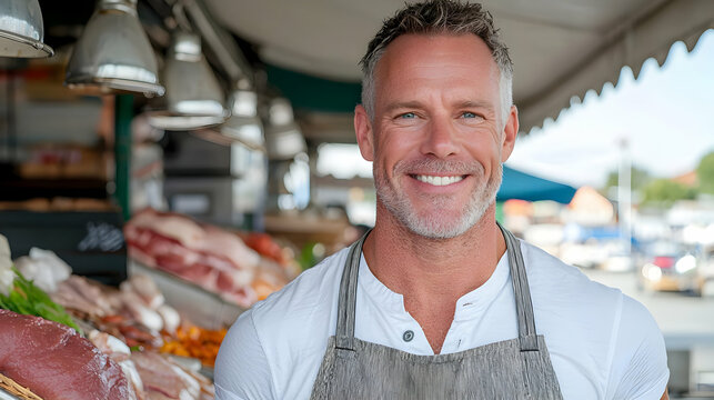 Smiling butcher at market stall, meat display, sunny day, food business