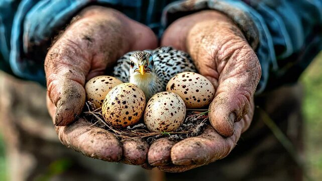 farmer holding quail eggs and quail.