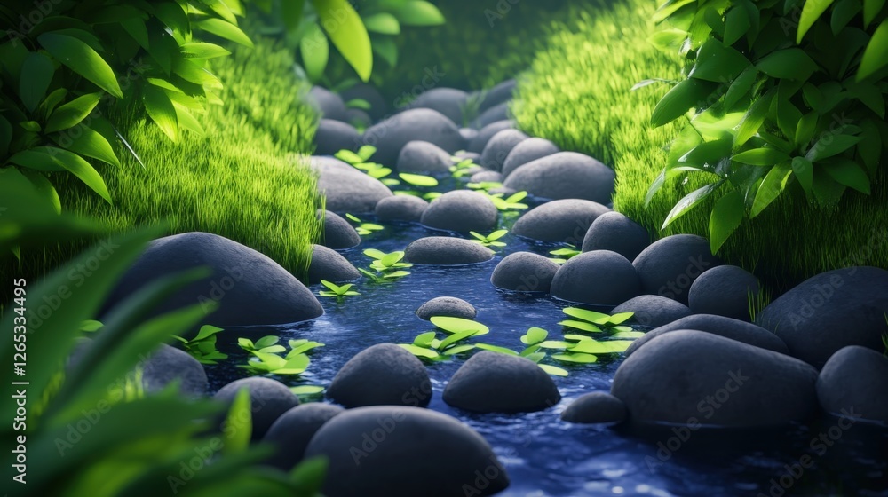 Poster a serene view of a flowing stream adorned with smooth stones and lush green foliage, creating a harm