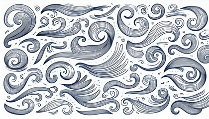 Wind doodle line shape set. Air wind flow, spiral, curve hand drawn doodle element. Cartoon speed, wave, splash drawing design. perfect any project.