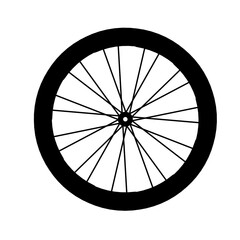Black bicycle wheel symbol, vector. Bicycle rubber. Mountain tyre. Valve. Fitness bike. Mountain bike.
