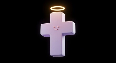 Obraz premium Smiling Christian Cross with Halo on Black Background Rendered Image
