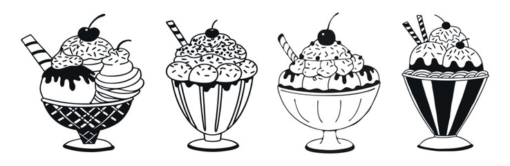 Set of Black Silhouette Ice Cream Icons: Waffle Cones, Gelato Cups, Soft Serve, and Sorbet Cones – Vector Logos and Branding Elements
