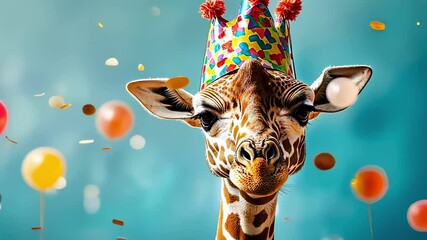 Happy giraffe celebrating birthday in a festive hat against a background of confetti