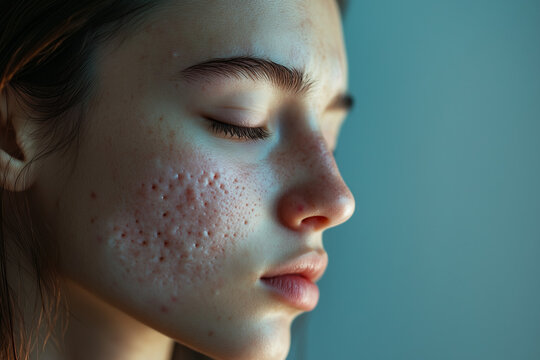 Detailed view of a young person's face with whiteheads on the forehead and cheeks 