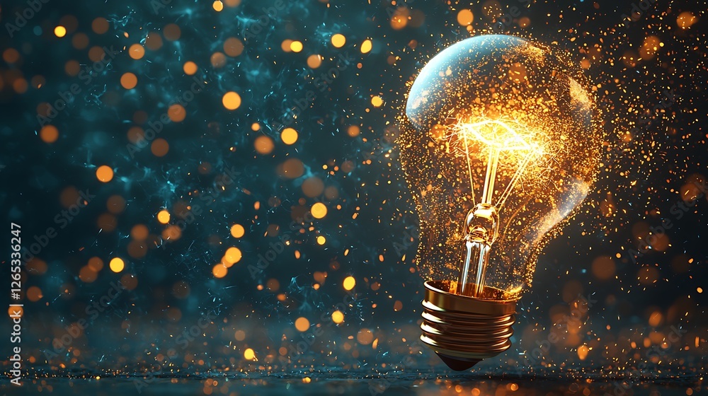 Poster glowing bulb sparkles. inspiration, creativity idea concept. dark bokeh backdrop use