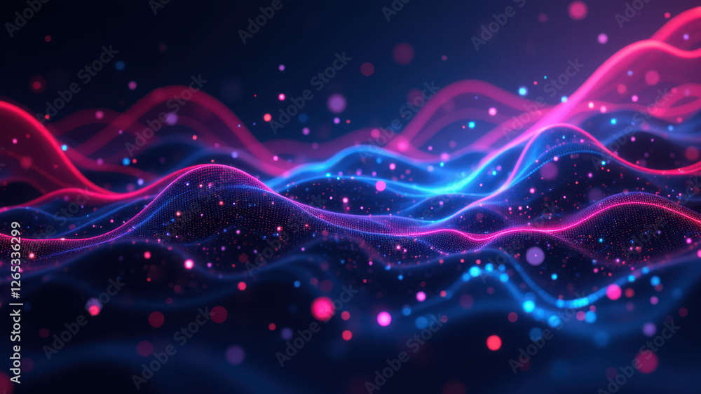 Poster a dynamic digital illustration featuring abstract waves of purple and pink with floating particles, 