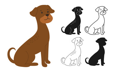 Dog cartoon character symbol or silhouette illustration set. Friendly cute simple dog terrier sits linear doodle icon. Funny stylized sign adorable domestic pedigree pet animal. Comic isolated vector