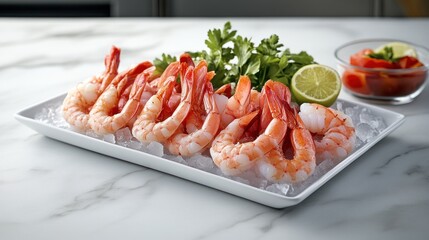Cooked shrimp platter, kitchen, salsa, ice