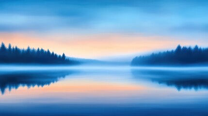 Fototapeta premium A serene sunrise over a tranquil lake, featuring soft hues of blue and orange reflecting on the calm waters, surrounded by lush trees, creating a peaceful nature scene.
