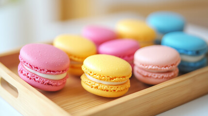Obraz premium Brightly colored macarons such as pink, yellow and blue are placed on a wooden tray.