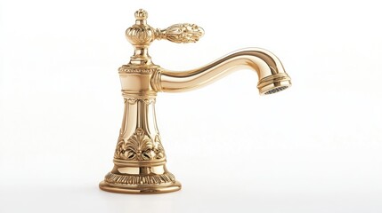 Elegant gold faucet, bathroom fixture, white background, interior design