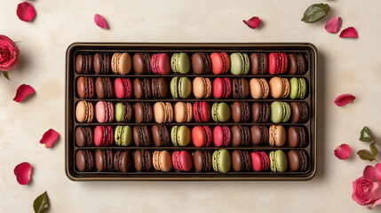 Macarons in various flavors are placed on a tray and sprinkled with rose petals for decoration.