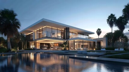 Obraz premium Modern luxury house with large glass windows and palm trees, reflecting in the serene pool at dusk