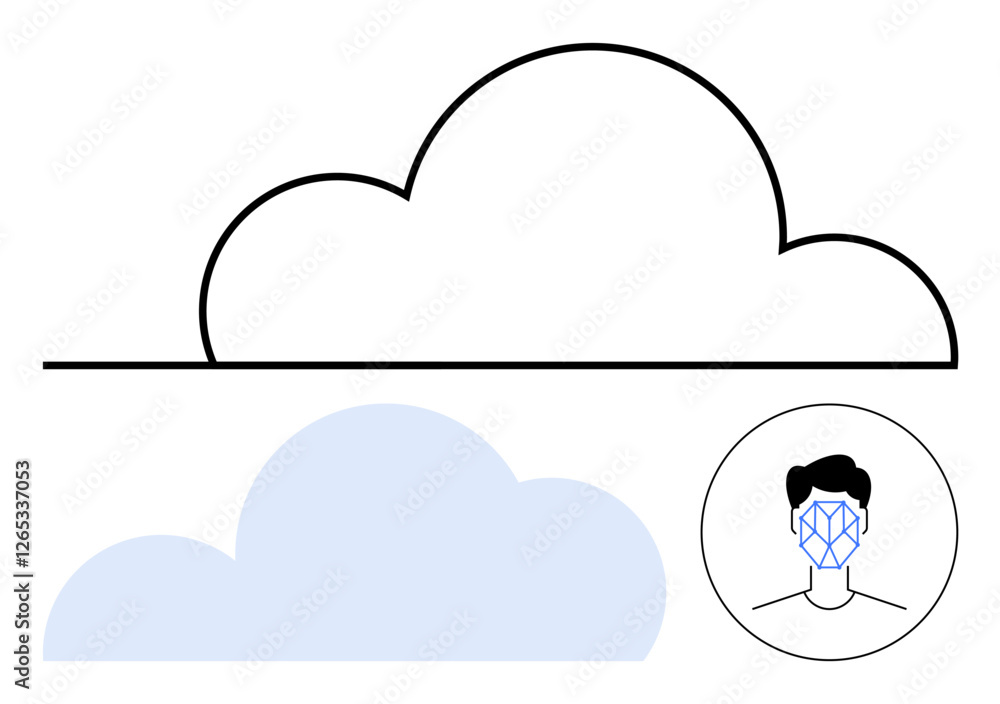 Poster cloud outline, full cloud, and facial recognition grid over face in circle. ideal for cloud computin