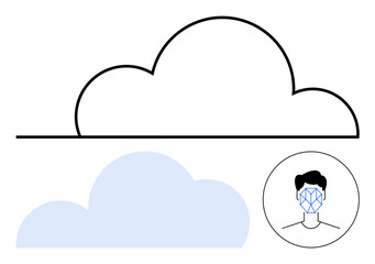 Cloud outline, full cloud, and facial recognition grid over face in circle. Ideal for cloud computing, data storage, AI, security systems, digital privacy, technology abstract line flat metaphor