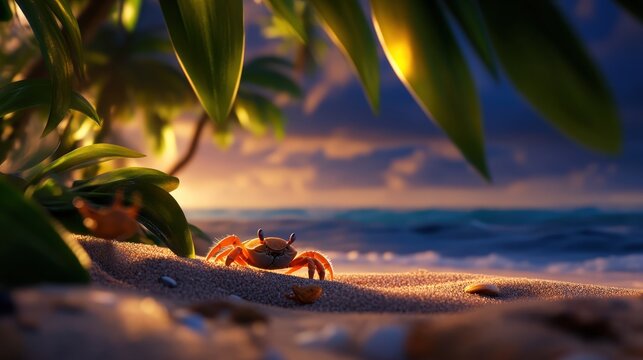 A vibrant scene depicting a crab on a sandy beach, framed by lush greenery under a golden sunset, showcasing the beauty of nature and wildlife in a serene coastal setting.
