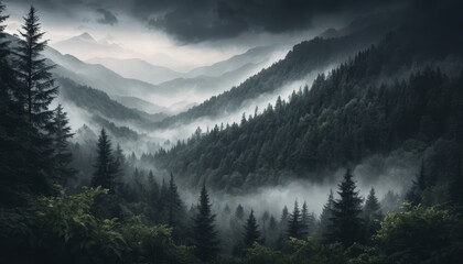 Serene Misty Mountainscape with Dark Forest and Ethereal Fog Under Dramatic Clouds at Twilight