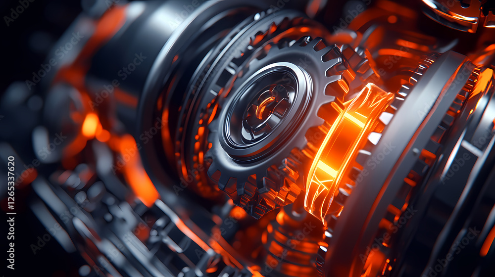 Poster 3d render of a gear mechanism with metallic gears interlocking