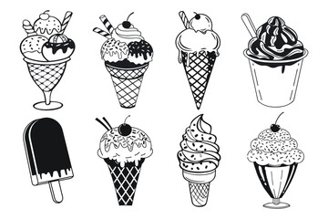 Complete Set of Black Ice Cream Icons: Soft Serve Cones, Waffle Cones, Gelato Cups, and Sorbet Cones – Vector Illustrations on white Background