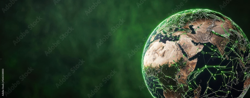 Poster a digital representation of earth, featuring a vibrant green background and intricate network lines 