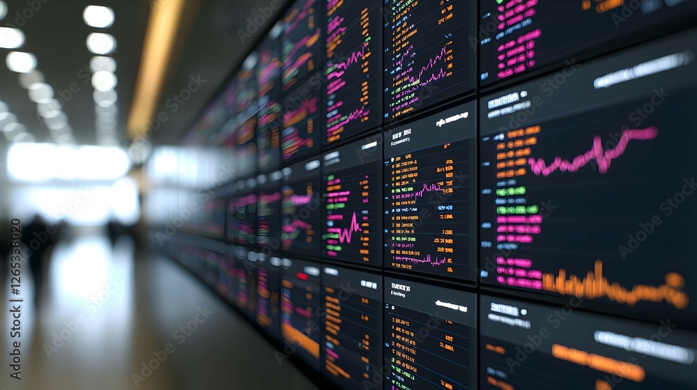 Poster financial data display with charts and graphs in modern office