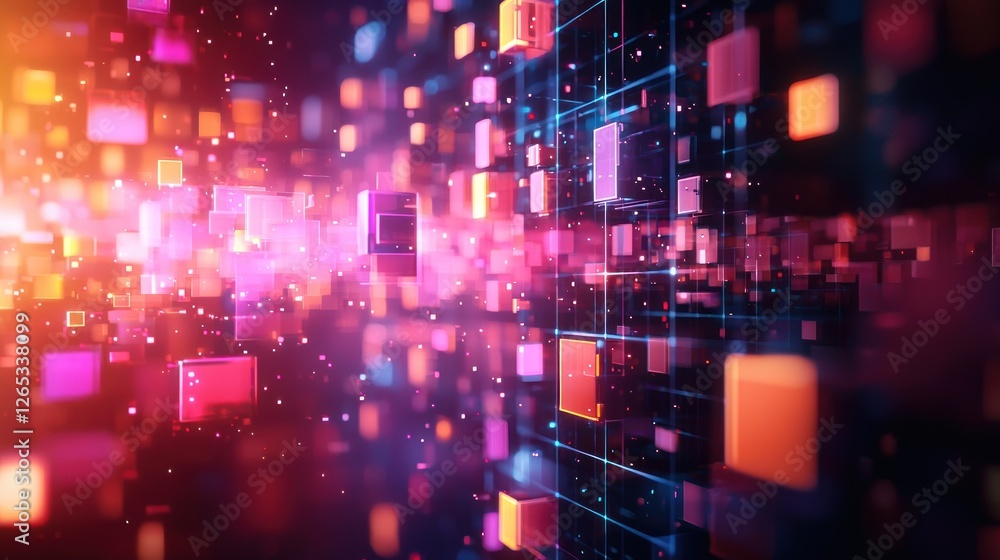 Fototapete Abstract Digital Data Stream: A vibrant, dynamic visualization of interconnected data cubes in a futuristic digital landscape, showcasing the flow and energy of information.