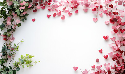 Obraz premium Valentine's Day heart shape made of pink and red hearts, transparent background, PNG, pink and green leaves
