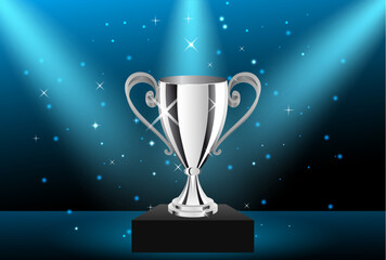 Realistic trophy cup on blue background with spotlights. Vector illustration, Football theme