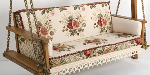 Floral patterned swing seat with embroidered edges. AI Generative