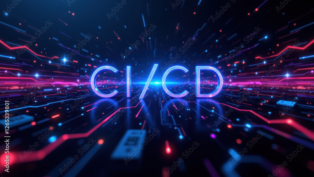 Poster dynamic cybernetic concept with ci/cd highlighted against vibrant nebula background.
