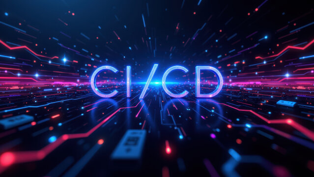Dynamic cybernetic concept with Ci/CD highlighted against vibrant nebula background.