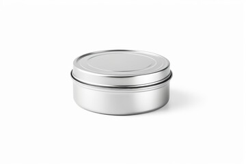 there is a silver tin with a lid on a white surface
