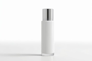 a close up of a white bottle with a silver cap