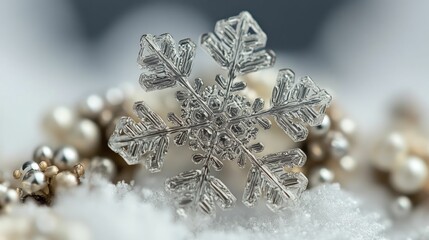 Fototapeta premium Intricate ice crystal rests on snowy surface