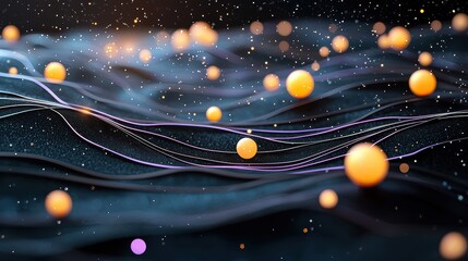 Obraz premium Abstract Representation of Floating Particles in Dark Background with Bright Glows and Wavy Lines Illustrating Motion