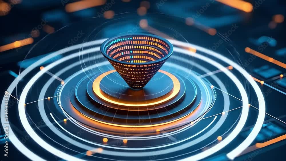 Aufkleber a futuristic, digital 3d cone shape surrounded by concentric circles and glowing lines in a high-tec