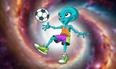 Vector cartoon funny green alien floating in space in sports uniform, shorts, T-shirt, sneakers and with football ball. Blurred spiral bright galaxy. Toon extraterrestrial sport © GAlexS