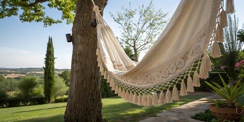 Silk hammock swing with tassel details. AI Generative
