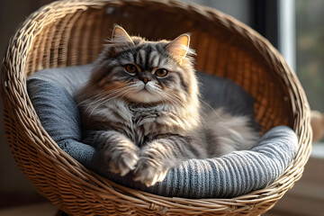 Fluffy Persian cat lounging in a cozy wicker basket with a soft cushion, basking in warm sunlight near a window, exuding comfort, elegance, and relaxation