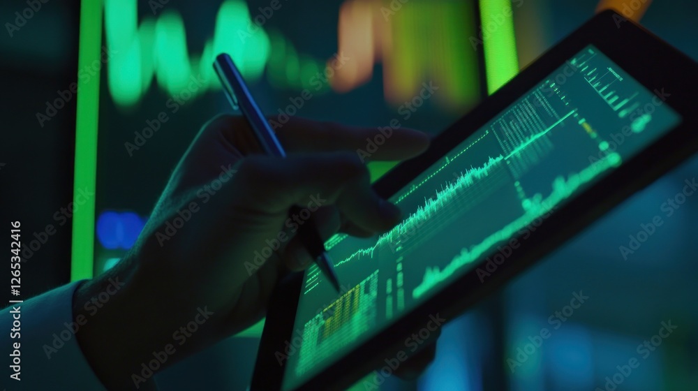 Poster analyzing financial data on a tablet device in a modern office setting