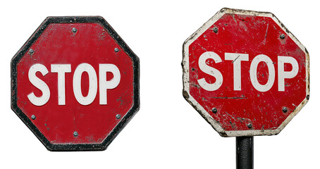 Obraz premium Weathered Stop Signs with Distressed Look on Urban Background, isolated on transparent background.