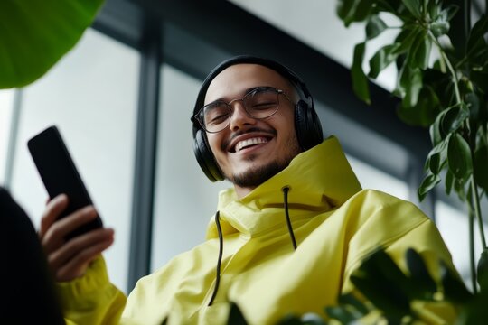 Relaxed young man enjoying music with headphones while sitting among indoor plants in a modern space - Powered by Adobe